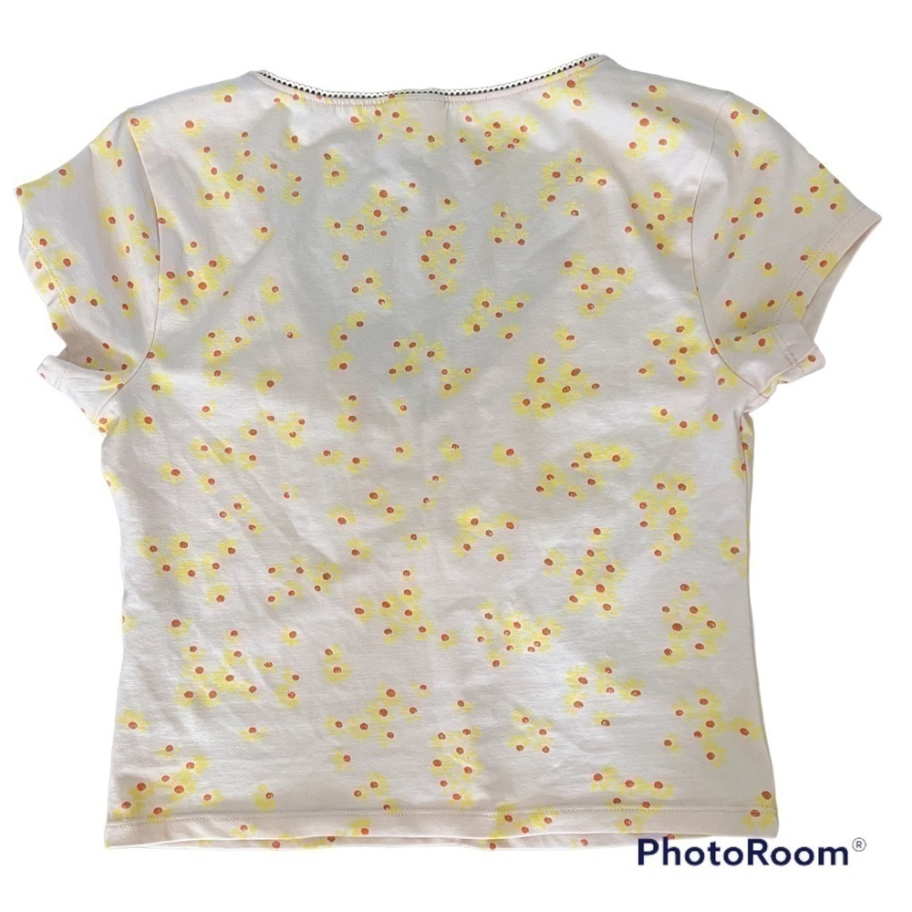 Abound peach colored V neck crop top yellow & orange flower print cap sleeves S. - Picture 3 of 13